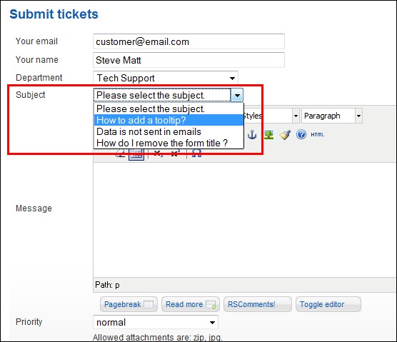 RSTickets!Pro - predefined ticket subjects